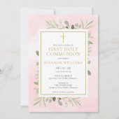 Aquarellgrün Rosa Erste Heilige Kommune Einladung (Vorderseite)