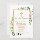 Aquarellgrün Rosa Rosen Erste Kommune Einladung (Vorderseite)