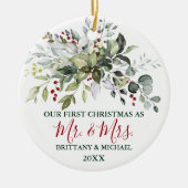 Aquarellgrün Rote Berries Erster Weihnachtsanfang Keramik Ornament (Vorne)