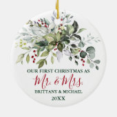 Aquarellgrün Rote Berries Erster Weihnachtsanfang Keramik Ornament (Hinten)