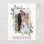 Aquarellgrün Rote Berries Verheiratet & Merry Postkarte (Vorderseite)