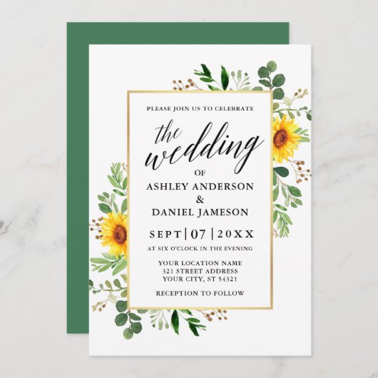 Aquarellgrün Sonnenblumen Calligraphie Hochzeit Einladung (Vorne/Hinten)