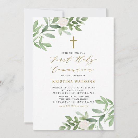Aquarellgrün und Blume Erste Kommune Einladung (Vorderseite)