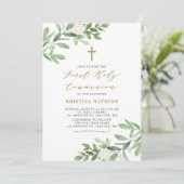 Aquarellgrün und Blume Erste Kommune Einladung (Stehend Vorderseite)