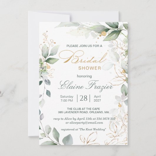Aquarellgrün und Goldbarren Blätter Brautparty Einladung (Vorderseite)