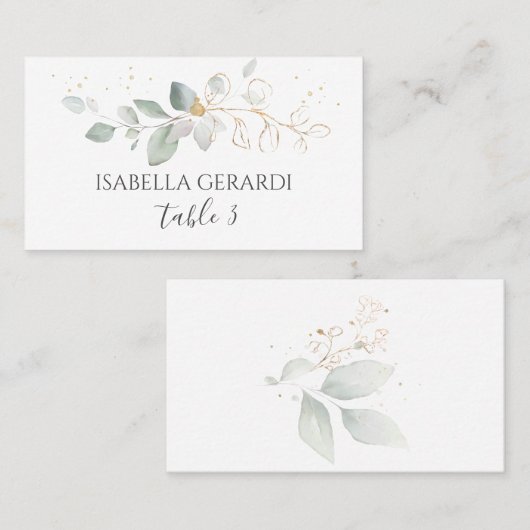 Aquarellgrün und goldenes Blattwerk Platzkarte (Vorne/Hinten)