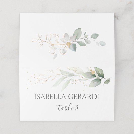 Aquarellgrün und goldenes Blattwerk Platzkarte (Außenseite Aufgefaltet)