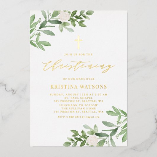 Aquarellgrün und weiße Blume Christening Folieneinladung (Vorderseite)