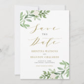 Aquarellgrün und weiße Blume Gold Save The Date (Vorderseite)