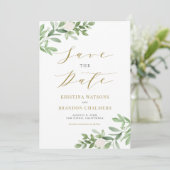 Aquarellgrün und weiße Blume Gold Save The Date (Stehend Vorderseite)
