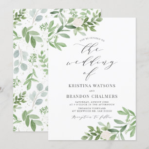Aquarellgrün und weiße Blume Grau Hochzeit Einladung