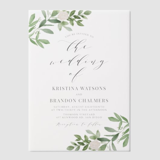 Aquarellgrün und weiße Blume Grau Hochzeit Pergament Einladungen (Vorderseite)