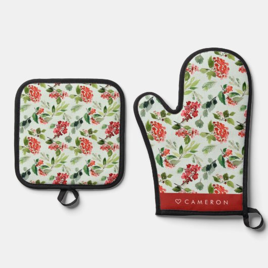 Aquarellgrün und Winterberry Weihnachten Ofenhandschuh & Topflappen-Set (Vorderseite)