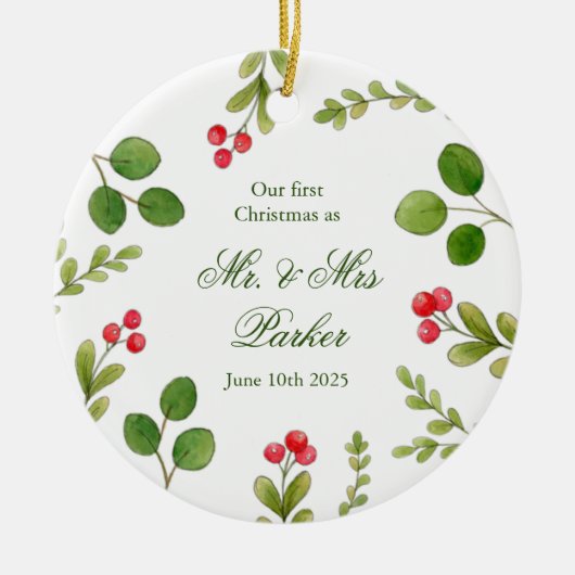 Aquarellgrün Unser erstes Weihnachtsfest FOTO Keramik Ornament (Vorne)
