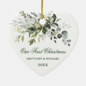 Aquarellgrün Unser erstes Weihnachtsherz Keramik Ornament (Hinten)