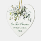 Aquarellgrün Unser erstes Weihnachtsherz Keramik Ornament (Links)