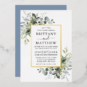 Aquarellgrün Wedding Dusty Blue Gold Folieneinladung