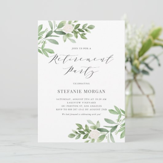 Aquarellgrün Weißes Party für Blumenruhestand Einladung (Stehend Vorderseite)