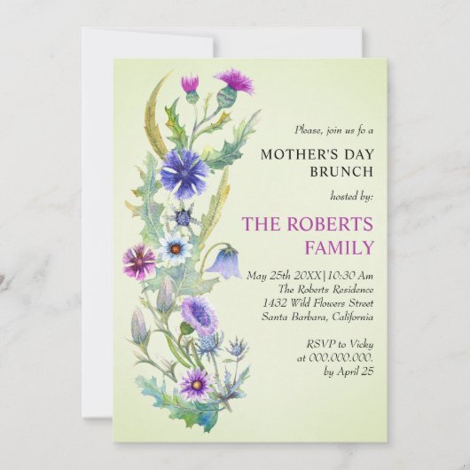 Aquarellgrün Wildblume Muttertagsbrunch Einladung (Vorderseite)