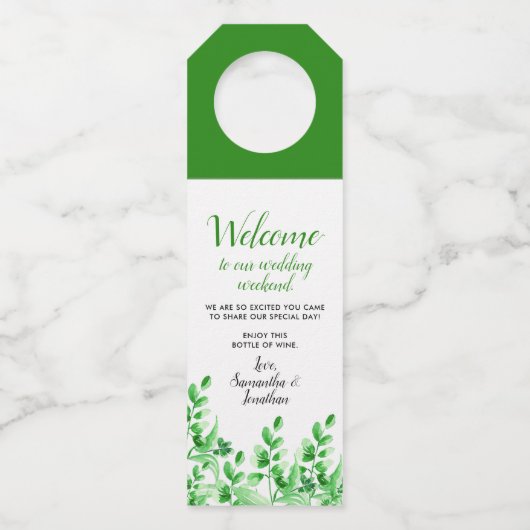 Aquarellgrün Willkommen bei unserer Hochzeit Flaschenanhänger (Vorderseite)