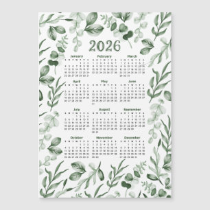 Aquarellgrüne Blätter 2026 - Kalender Magnetkarte