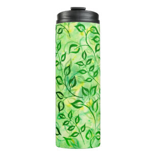 Aquarellgrüne Blätter auf einem gelb-grünen Hinter Thermosbecher