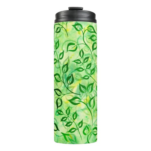 Aquarellgrüne Blätter auf einem gelb-grünen Hinter Thermosbecher (Vorderseite)