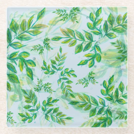 Aquarellgrüne Blätter auf Wasser Glasuntersetzer (Vorderseite)