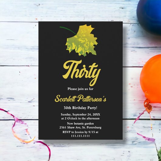 Aquarellgrüne Herbstlaube Schwarz 30. Geburtstag Einladung