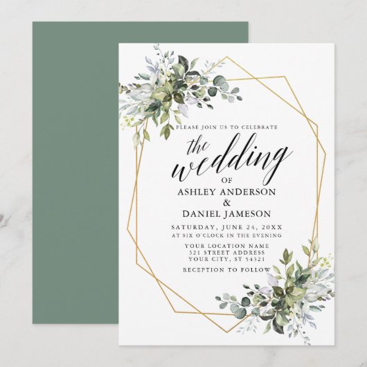Aquarellgrüne Kalligrafie Geo Sage Green Einladung (Vorne/Hinten)
