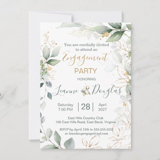 Aquarellgrüne und goldene Blätter Engagement Parte Einladung (Vorderseite)
