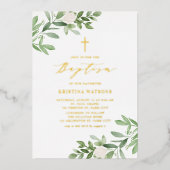 Aquarellgrüne und weiße Blume Taufe Folieneinladung (Vorderseite)