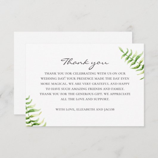Aquarellgrüner Farn. Botanische Hochzeit im Grünen Dankeskarte (Vorne/Hinten)