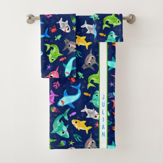 Aquarellhai Familie Adorable Personalisiert Badhandtuch Set (Insitu)
