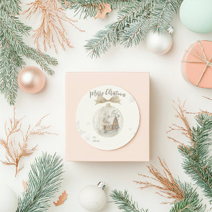 Aquarellhaus in Snow Globe Weihnachten Runder Aufkleber