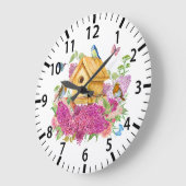Aquarellhaus, Vögel und Lilac-Blume Große Wanduhr (Winkel)