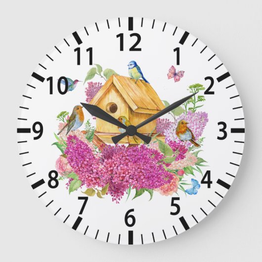 Aquarellhaus, Vögel und Lilac-Blume Große Wanduhr (Vorderseite)