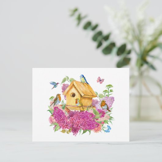 Aquarellhaus, Vögel und Lilac-Blume Postkarte (Stehend Vorderseite)