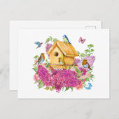 Aquarellhaus, Vögel und Lilac-Blume Postkarte (Vorne/Hinten)