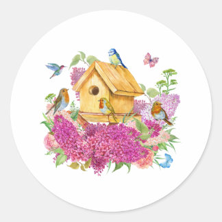 Aquarellhaus, Vögel und Lilac-Blume Runder Aufkleber