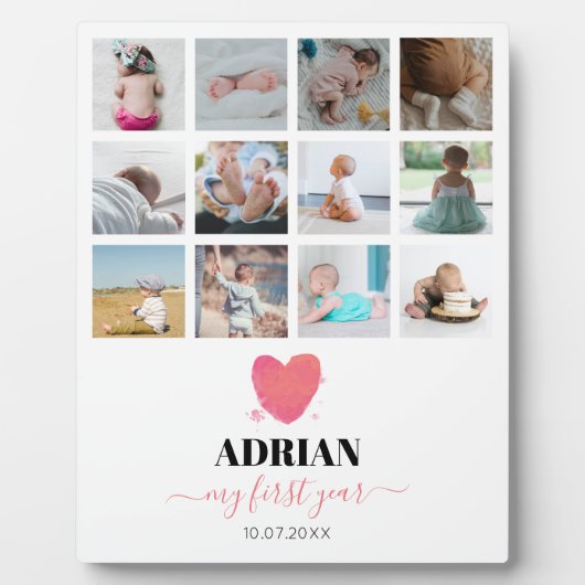 Aquarellherz Baby's First Year Foto Collage Fotoplatte (Vorderseite)