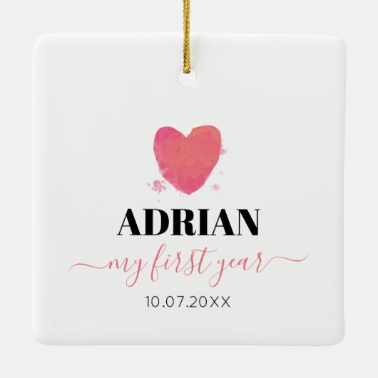 Aquarellherz Baby's First Year Foto Collage Keramikornament (Rückseite)