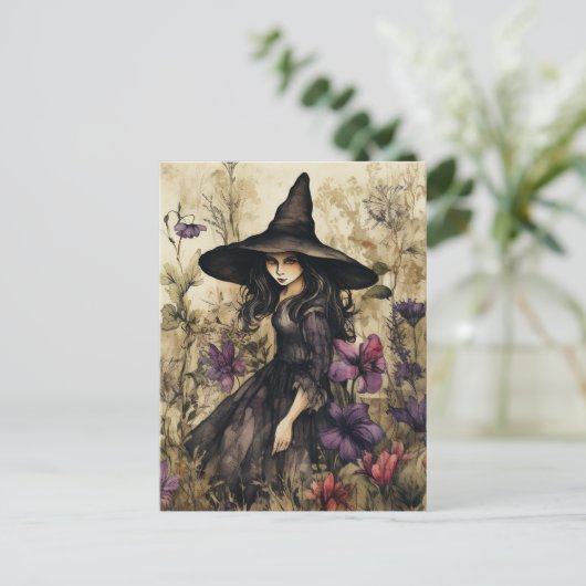 Aquarellhexe mit Blume Postkarte (Stehend Vorderseite)