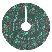 Aquarellholz, Pine, Rote Berries + Familienname Polyester Weihnachtsbaumdecke (Vorderseite)