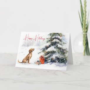 Aquarellhund mit Weihnachtsbaum Karte