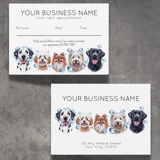 Aquarellhunde-Blasen mit Visitenkarte, weiß Terminkarte