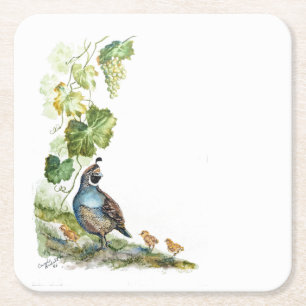 Aquarellierte Kalifornische Wachtelfamilie mit Tra Rechteckiger Pappuntersetzer