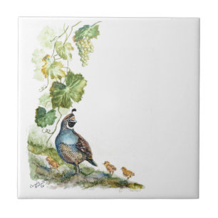 Aquarellierte Wachtelfamilie mit Trauben in Kalifo Fliese