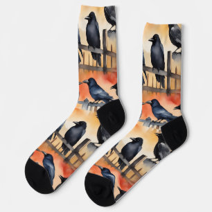 Aquarellillustration von Krähen auf einem Zaun bei Socken