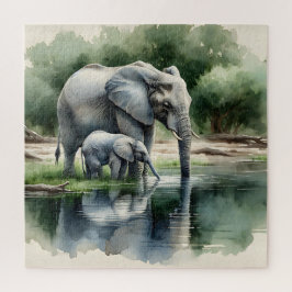 Aquarellillustration von Mama und Baby Elephant Puzzle